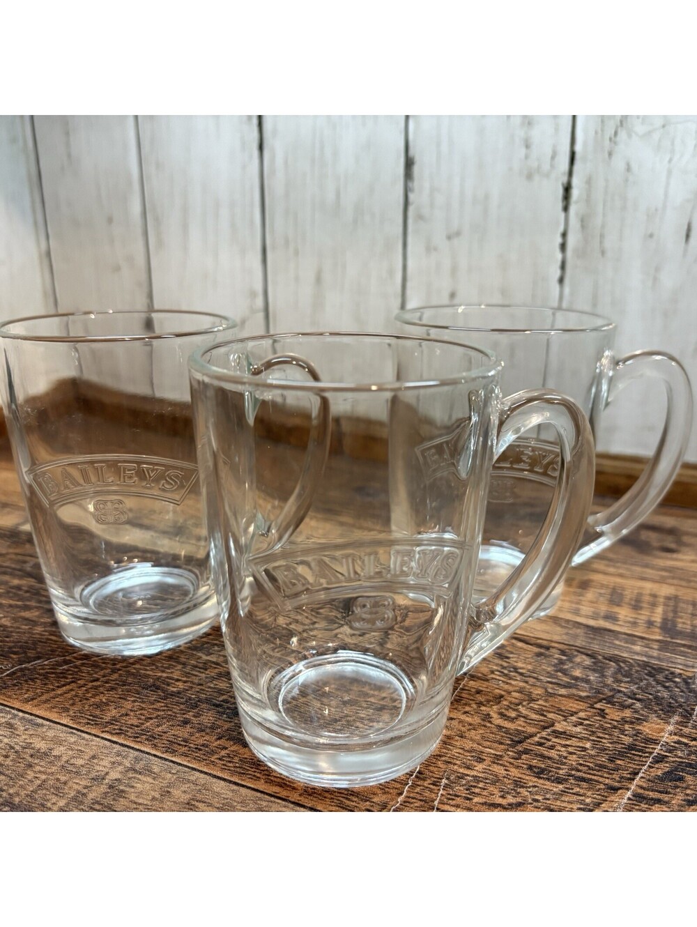3x Baileys Irish Cream Liqueur Clear Glass Coffee Mug Cup Embossed Logo Bar Ware